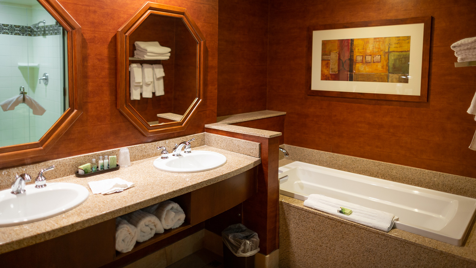 Hotel bathroom with dual sink and bathtub