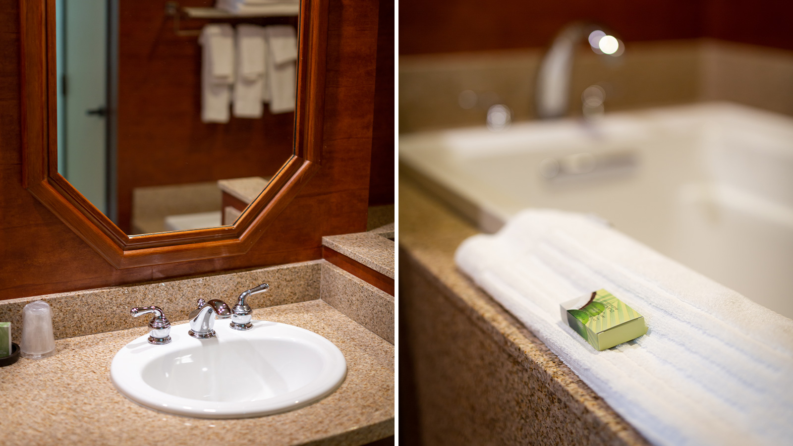 Hotel bathroom sink and bathtub